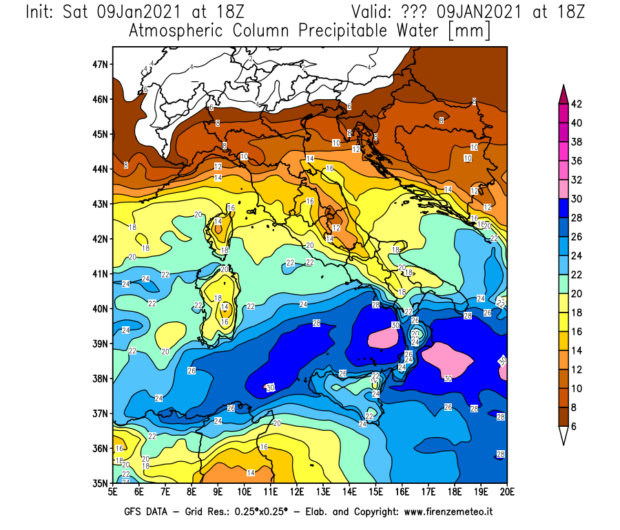 Mappa di analisi GFS - Precipitable Water [mm] in Italia
							del 09/01/2021 18 <!--googleoff: index-->UTC<!--googleon: index-->