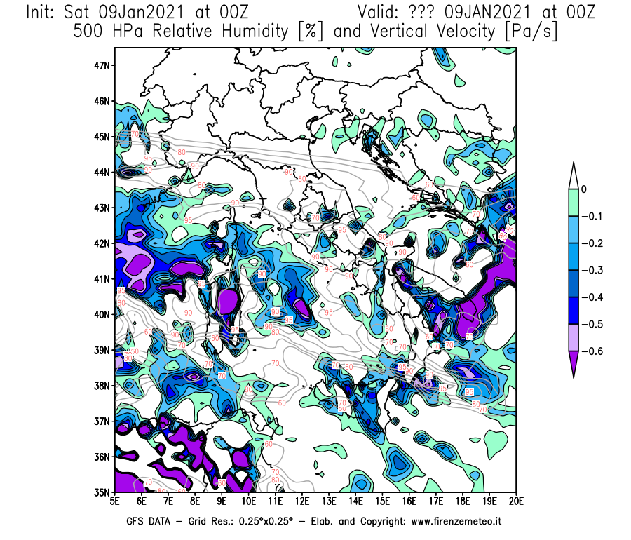 Mappa di analisi GFS - Umidità relativa [%] e Omega [Pa/s] a 500 hPa in Italia
							del 09/01/2021 00 <!--googleoff: index-->UTC<!--googleon: index-->