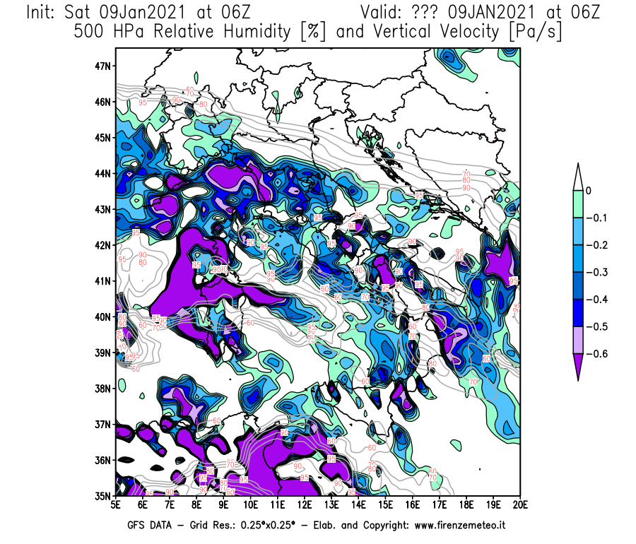 Mappa di analisi GFS - Umidità relativa [%] e Omega [Pa/s] a 500 hPa in Italia
							del 09/01/2021 06 <!--googleoff: index-->UTC<!--googleon: index-->
