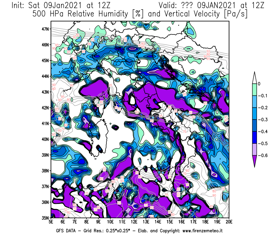 Mappa di analisi GFS - Umidità relativa [%] e Omega [Pa/s] a 500 hPa in Italia
							del 09/01/2021 12 <!--googleoff: index-->UTC<!--googleon: index-->