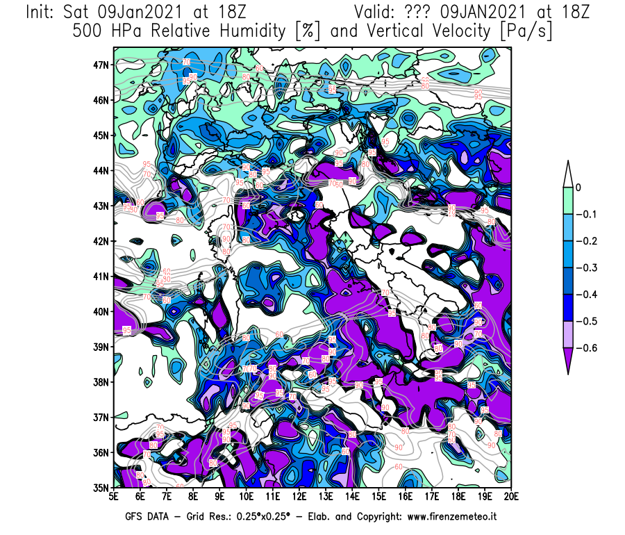 Mappa di analisi GFS - Umidità relativa [%] e Omega [Pa/s] a 500 hPa in Italia
							del 09/01/2021 18 <!--googleoff: index-->UTC<!--googleon: index-->