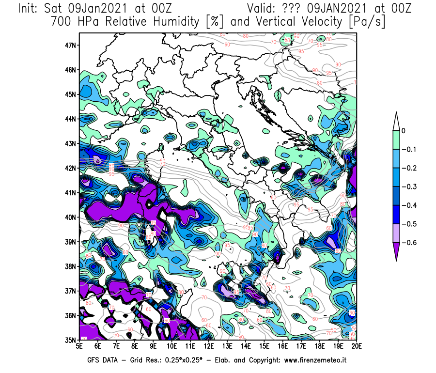 Mappa di analisi GFS - Umidità relativa [%] e Omega [Pa/s] a 700 hPa in Italia
							del 09/01/2021 00 <!--googleoff: index-->UTC<!--googleon: index-->