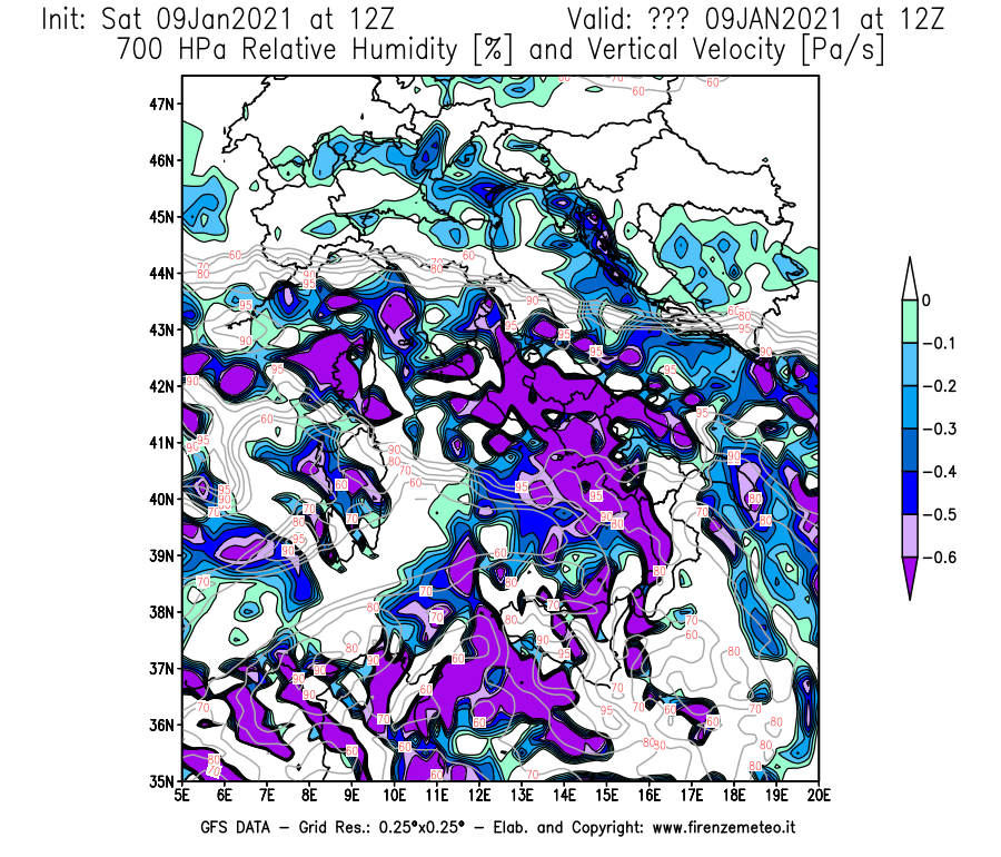 Mappa di analisi GFS - Umidità relativa [%] e Omega [Pa/s] a 700 hPa in Italia
							del 09/01/2021 12 <!--googleoff: index-->UTC<!--googleon: index-->