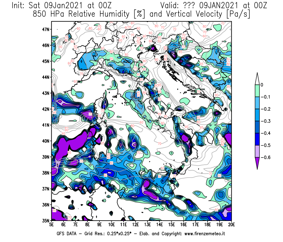 Mappa di analisi GFS - Umidità relativa [%] e Omega [Pa/s] a 850 hPa in Italia
							del 09/01/2021 00 <!--googleoff: index-->UTC<!--googleon: index-->