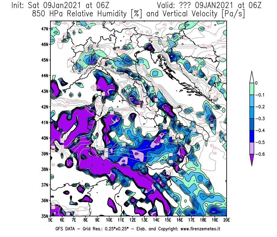 Mappa di analisi GFS - Umidità relativa [%] e Omega [Pa/s] a 850 hPa in Italia
							del 09/01/2021 06 <!--googleoff: index-->UTC<!--googleon: index-->
