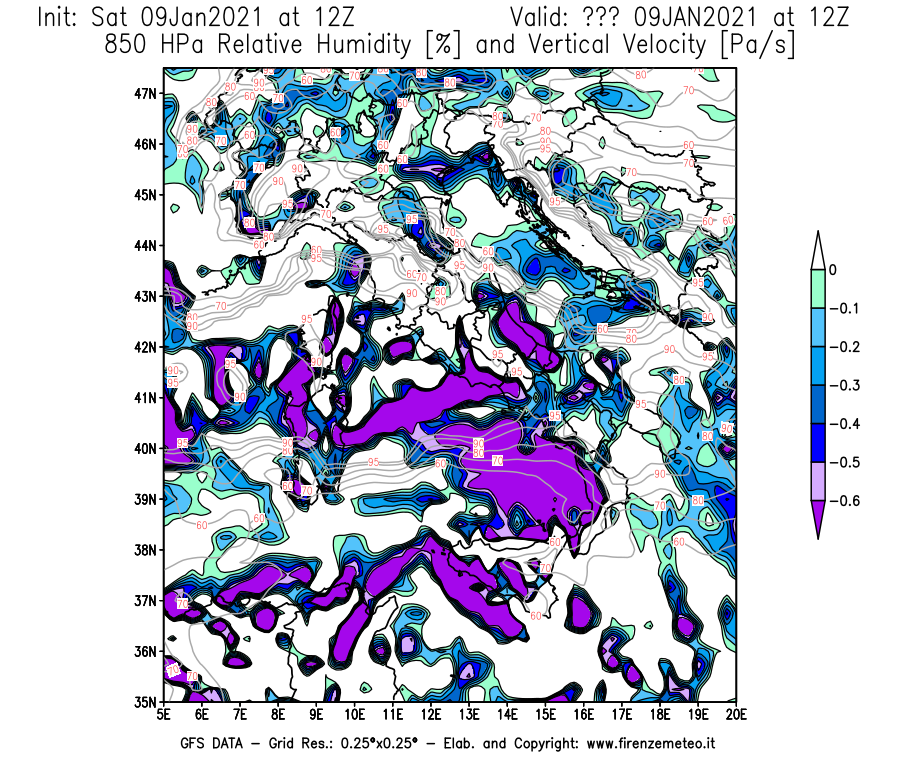 Mappa di analisi GFS - Umidità relativa [%] e Omega [Pa/s] a 850 hPa in Italia
							del 09/01/2021 12 <!--googleoff: index-->UTC<!--googleon: index-->