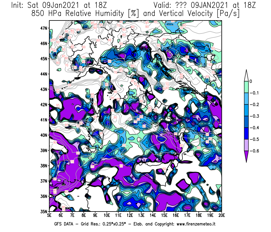 Mappa di analisi GFS - Umidità relativa [%] e Omega [Pa/s] a 850 hPa in Italia
							del 09/01/2021 18 <!--googleoff: index-->UTC<!--googleon: index-->