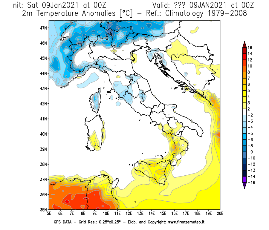 Mappa di analisi GFS - Anomalia Temperatura [°C] a 2 m in Italia
							del 09/01/2021 00 <!--googleoff: index-->UTC<!--googleon: index-->