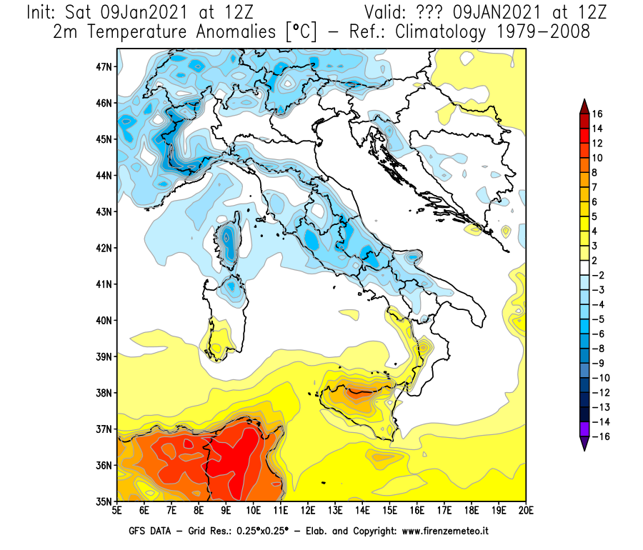 Mappa di analisi GFS - Anomalia Temperatura [°C] a 2 m in Italia
							del 09/01/2021 12 <!--googleoff: index-->UTC<!--googleon: index-->