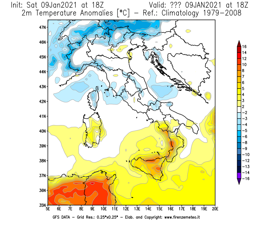 Mappa di analisi GFS - Anomalia Temperatura [°C] a 2 m in Italia
							del 09/01/2021 18 <!--googleoff: index-->UTC<!--googleon: index-->