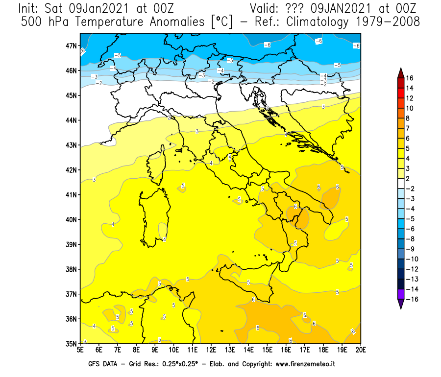 Mappa di analisi GFS - Anomalia Temperatura [°C] a 500 hPa in Italia
							del 09/01/2021 00 <!--googleoff: index-->UTC<!--googleon: index-->