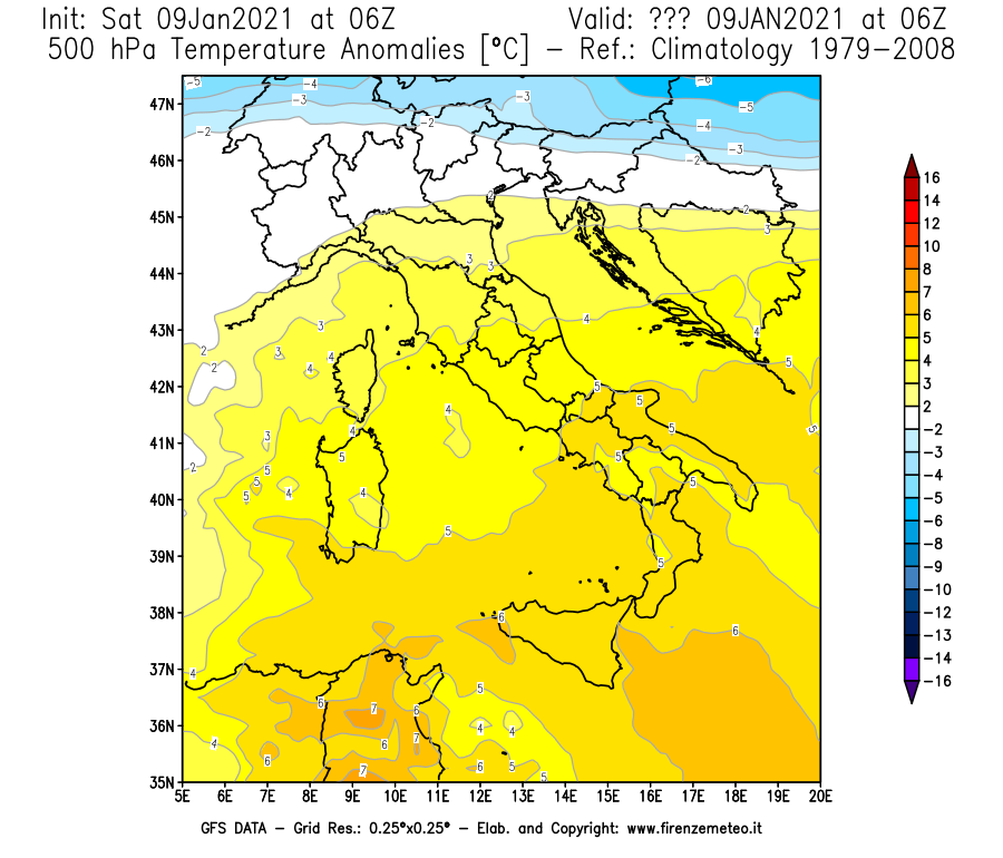 Mappa di analisi GFS - Anomalia Temperatura [°C] a 500 hPa in Italia
							del 09/01/2021 06 <!--googleoff: index-->UTC<!--googleon: index-->