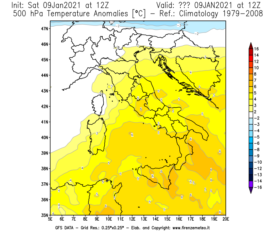 Mappa di analisi GFS - Anomalia Temperatura [°C] a 500 hPa in Italia
							del 09/01/2021 12 <!--googleoff: index-->UTC<!--googleon: index-->