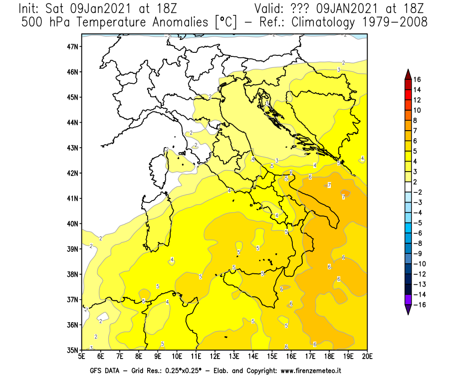 Mappa di analisi GFS - Anomalia Temperatura [°C] a 500 hPa in Italia
							del 09/01/2021 18 <!--googleoff: index-->UTC<!--googleon: index-->