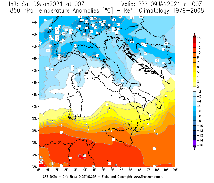 Mappa di analisi GFS - Anomalia Temperatura [°C] a 850 hPa in Italia
							del 09/01/2021 00 <!--googleoff: index-->UTC<!--googleon: index-->