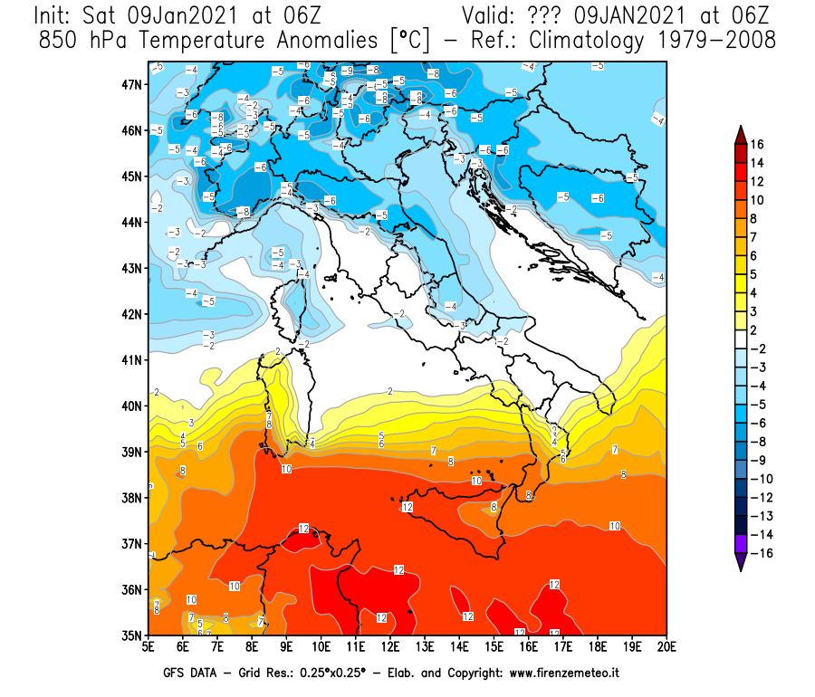 Mappa di analisi GFS - Anomalia Temperatura [°C] a 850 hPa in Italia
							del 09/01/2021 06 <!--googleoff: index-->UTC<!--googleon: index-->