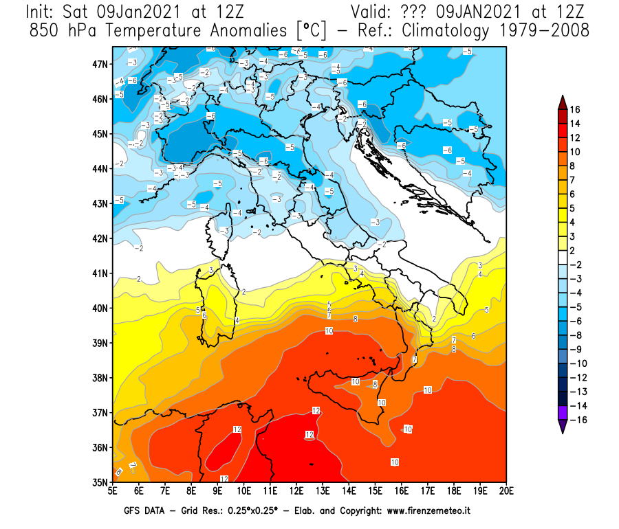 Mappa di analisi GFS - Anomalia Temperatura [°C] a 850 hPa in Italia
							del 09/01/2021 12 <!--googleoff: index-->UTC<!--googleon: index-->