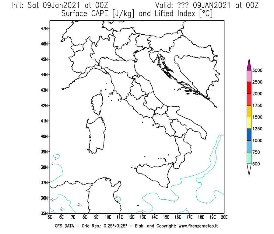 Mappa di analisi GFS - CAPE [J/kg] e Lifted Index [°C] in Italia
							del 09/01/2021 00 <!--googleoff: index-->UTC<!--googleon: index-->