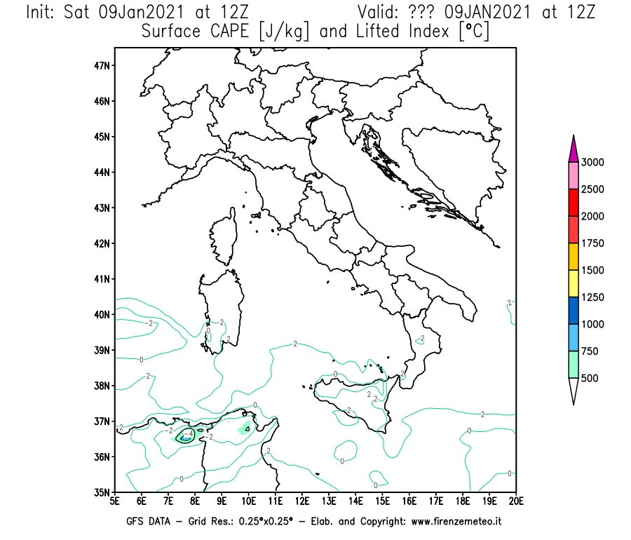 Mappa di analisi GFS - CAPE [J/kg] e Lifted Index [°C] in Italia
							del 09/01/2021 12 <!--googleoff: index-->UTC<!--googleon: index-->