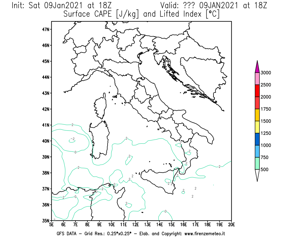 Mappa di analisi GFS - CAPE [J/kg] e Lifted Index [°C] in Italia
							del 09/01/2021 18 <!--googleoff: index-->UTC<!--googleon: index-->