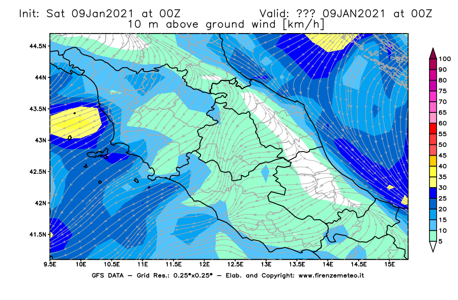 Mappa di analisi GFS - Velocità del vento a 10 metri dal suolo [km/h] in Centro-Italia
							del 09/01/2021 00 <!--googleoff: index-->UTC<!--googleon: index-->