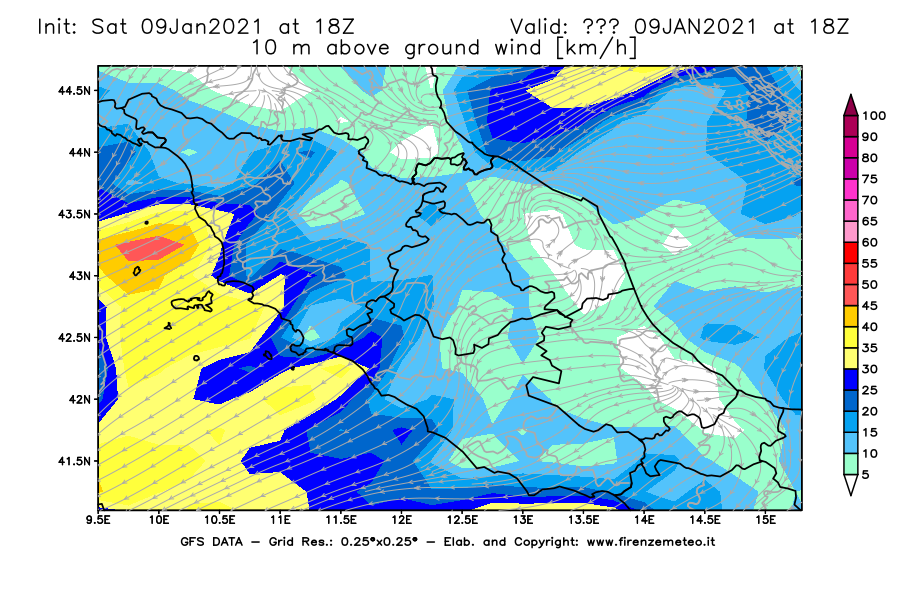 Mappa di analisi GFS - Velocità del vento a 10 metri dal suolo [km/h] in Centro-Italia
							del 09/01/2021 18 <!--googleoff: index-->UTC<!--googleon: index-->