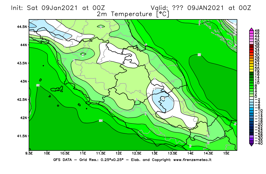 Mappa di analisi GFS - Temperatura a 2 metri dal suolo [°C] in Centro-Italia
							del 09/01/2021 00 <!--googleoff: index-->UTC<!--googleon: index-->