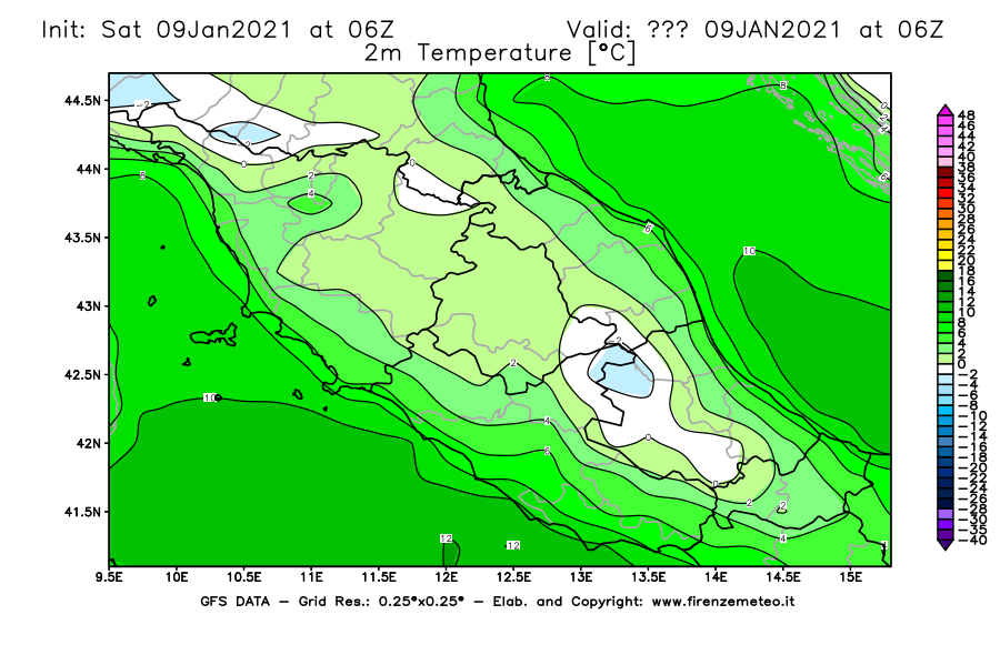 Mappa di analisi GFS - Temperatura a 2 metri dal suolo [°C] in Centro-Italia
							del 09/01/2021 06 <!--googleoff: index-->UTC<!--googleon: index-->