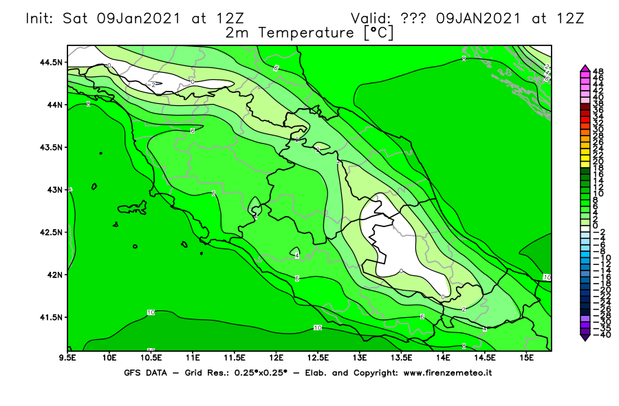 Mappa di analisi GFS - Temperatura a 2 metri dal suolo [°C] in Centro-Italia
							del 09/01/2021 12 <!--googleoff: index-->UTC<!--googleon: index-->