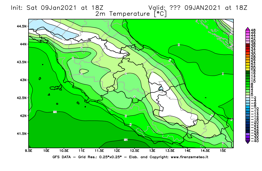 Mappa di analisi GFS - Temperatura a 2 metri dal suolo [°C] in Centro-Italia
							del 09/01/2021 18 <!--googleoff: index-->UTC<!--googleon: index-->