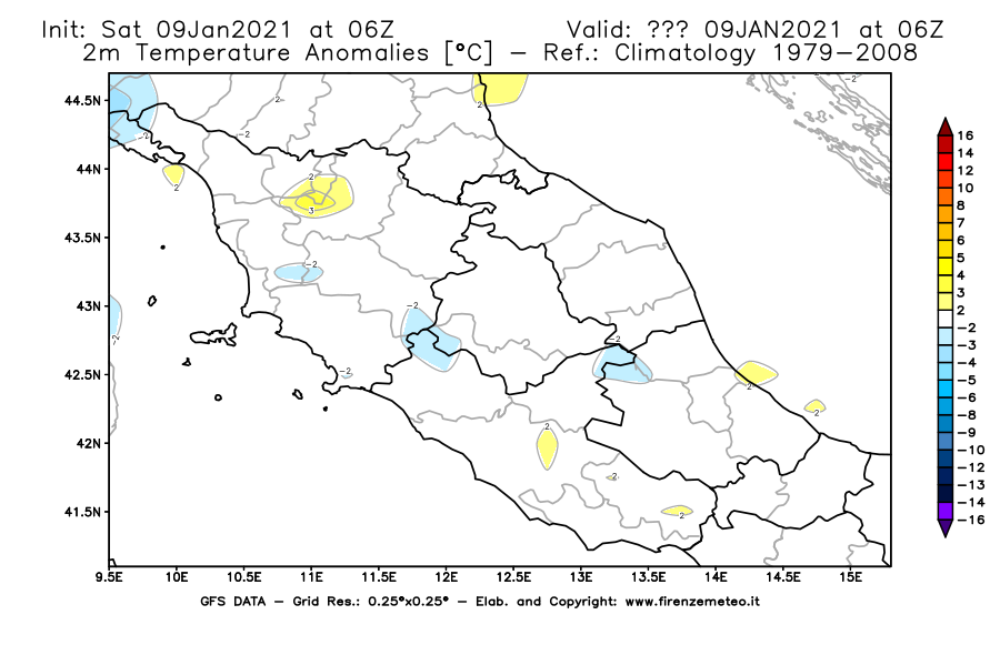 Mappa di analisi GFS - Anomalia Temperatura [°C] a 2 m in Centro-Italia
							del 09/01/2021 06 <!--googleoff: index-->UTC<!--googleon: index-->