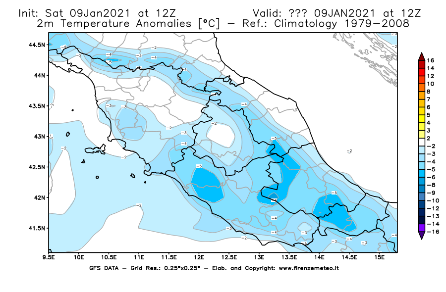 Mappa di analisi GFS - Anomalia Temperatura [°C] a 2 m in Centro-Italia
							del 09/01/2021 12 <!--googleoff: index-->UTC<!--googleon: index-->