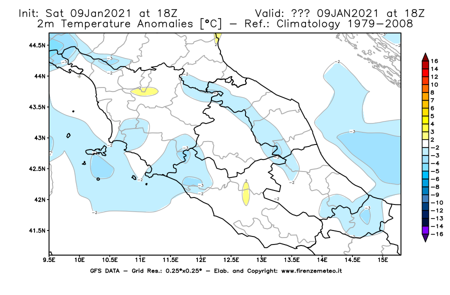 Mappa di analisi GFS - Anomalia Temperatura [°C] a 2 m in Centro-Italia
							del 09/01/2021 18 <!--googleoff: index-->UTC<!--googleon: index-->
