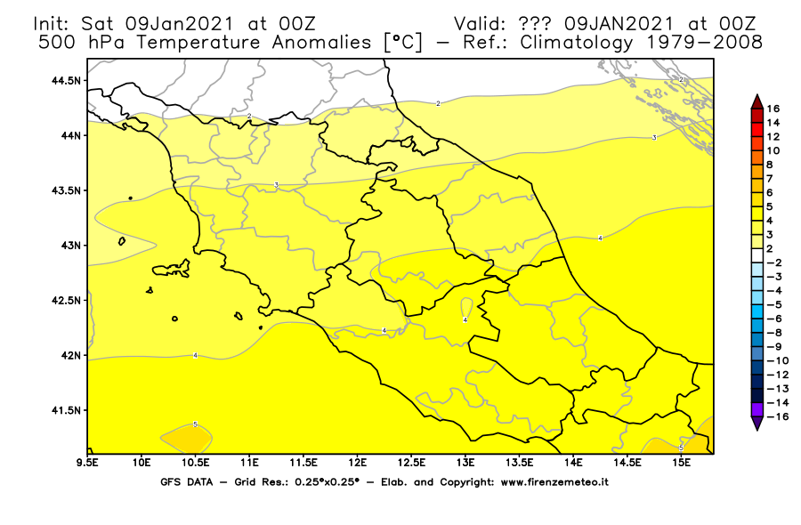 Mappa di analisi GFS - Anomalia Temperatura [°C] a 500 hPa in Centro-Italia
							del 09/01/2021 00 <!--googleoff: index-->UTC<!--googleon: index-->