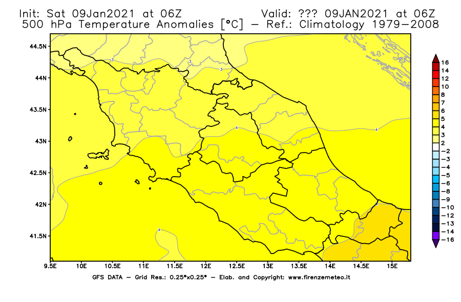 Mappa di analisi GFS - Anomalia Temperatura [°C] a 500 hPa in Centro-Italia
							del 09/01/2021 06 <!--googleoff: index-->UTC<!--googleon: index-->
