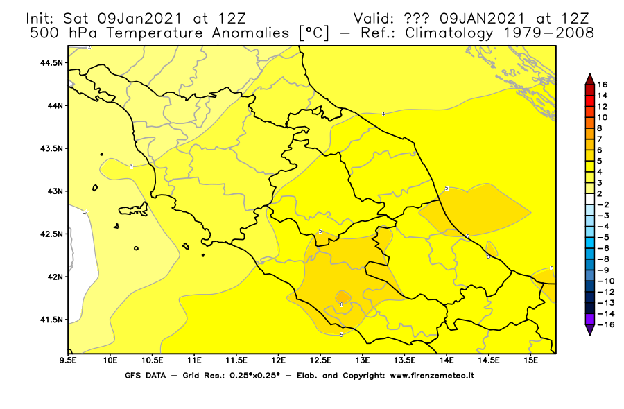 Mappa di analisi GFS - Anomalia Temperatura [°C] a 500 hPa in Centro-Italia
							del 09/01/2021 12 <!--googleoff: index-->UTC<!--googleon: index-->