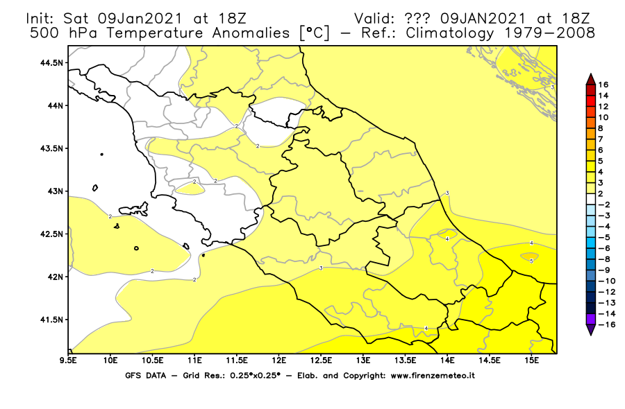 Mappa di analisi GFS - Anomalia Temperatura [°C] a 500 hPa in Centro-Italia
							del 09/01/2021 18 <!--googleoff: index-->UTC<!--googleon: index-->