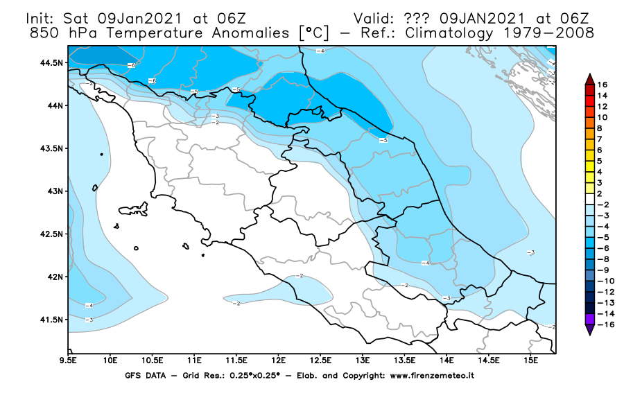 Mappa di analisi GFS - Anomalia Temperatura [°C] a 850 hPa in Centro-Italia
							del 09/01/2021 06 <!--googleoff: index-->UTC<!--googleon: index-->