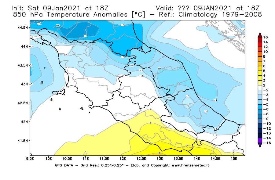 Mappa di analisi GFS - Anomalia Temperatura [°C] a 850 hPa in Centro-Italia
							del 09/01/2021 18 <!--googleoff: index-->UTC<!--googleon: index-->
