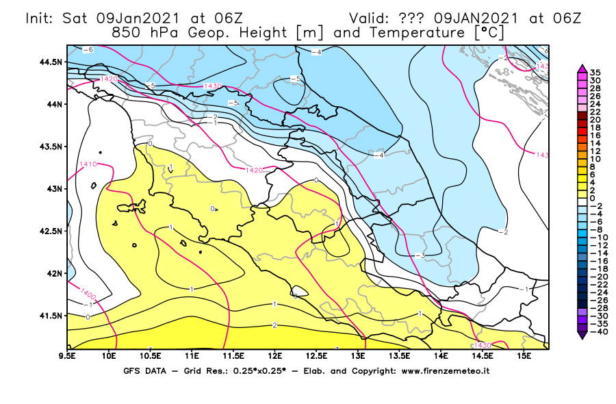 Mappa di analisi GFS - Geopotenziale [m] e Temperatura [°C] a 850 hPa in Centro-Italia
							del 09/01/2021 06 <!--googleoff: index-->UTC<!--googleon: index-->