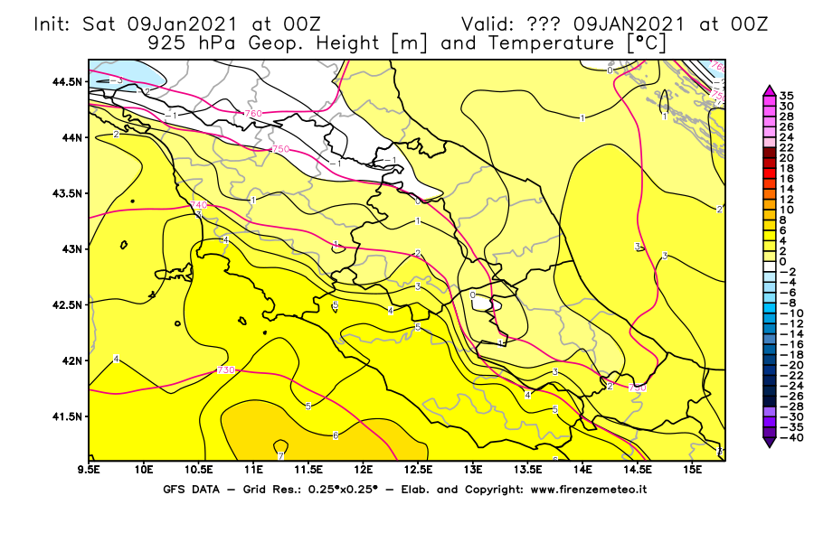 Mappa di analisi GFS - Geopotenziale [m] e Temperatura [°C] a 925 hPa in Centro-Italia
							del 09/01/2021 00 <!--googleoff: index-->UTC<!--googleon: index-->