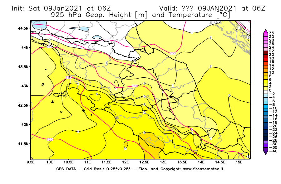 Mappa di analisi GFS - Geopotenziale [m] e Temperatura [°C] a 925 hPa in Centro-Italia
							del 09/01/2021 06 <!--googleoff: index-->UTC<!--googleon: index-->