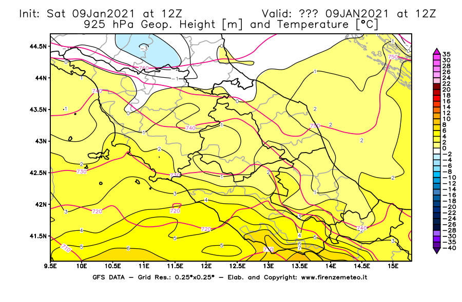 Mappa di analisi GFS - Geopotenziale [m] e Temperatura [°C] a 925 hPa in Centro-Italia
							del 09/01/2021 12 <!--googleoff: index-->UTC<!--googleon: index-->