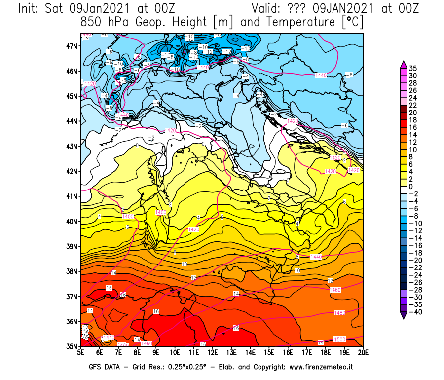 Mappa di analisi GFS - Geopotenziale [m] e Temperatura [°C] a 850 hPa in Italia
							del 09/01/2021 00 <!--googleoff: index-->UTC<!--googleon: index-->