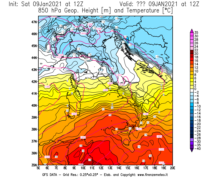 Mappa di analisi GFS - Geopotenziale [m] e Temperatura [°C] a 850 hPa in Italia
							del 09/01/2021 12 <!--googleoff: index-->UTC<!--googleon: index-->