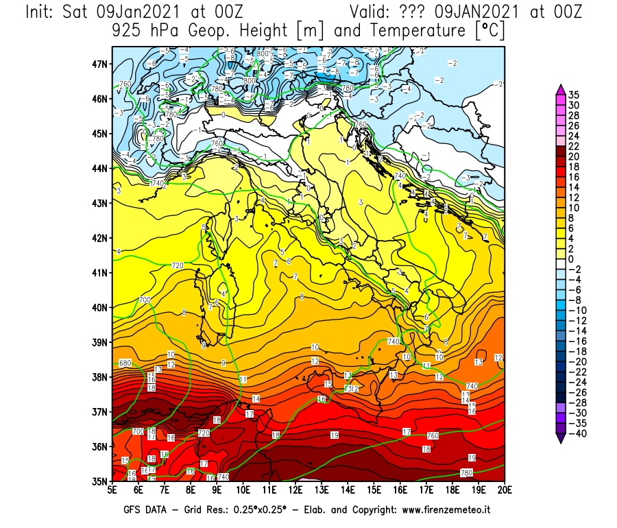 Mappa di analisi GFS - Geopotenziale [m] e Temperatura [°C] a 925 hPa in Italia
							del 09/01/2021 00 <!--googleoff: index-->UTC<!--googleon: index-->