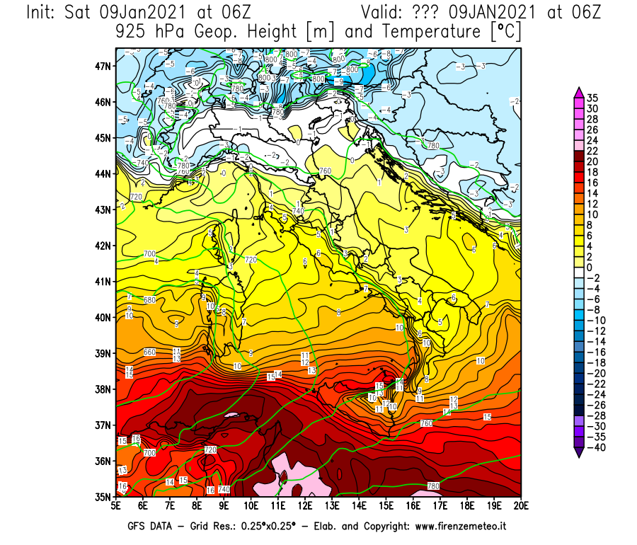 Mappa di analisi GFS - Geopotenziale [m] e Temperatura [°C] a 925 hPa in Italia
							del 09/01/2021 06 <!--googleoff: index-->UTC<!--googleon: index-->