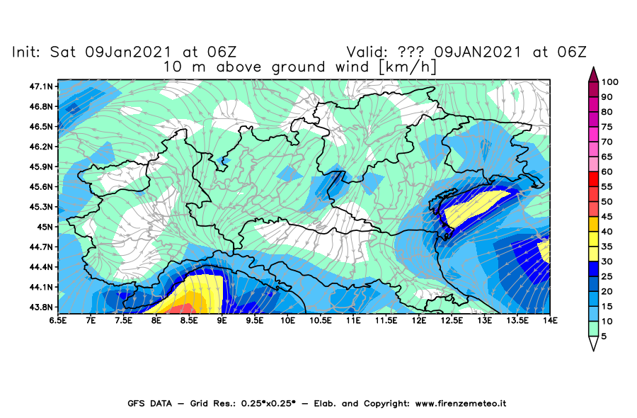 Mappa di analisi GFS - Velocità del vento a 10 metri dal suolo [km/h] in Nord-Italia
							del 09/01/2021 06 <!--googleoff: index-->UTC<!--googleon: index-->
