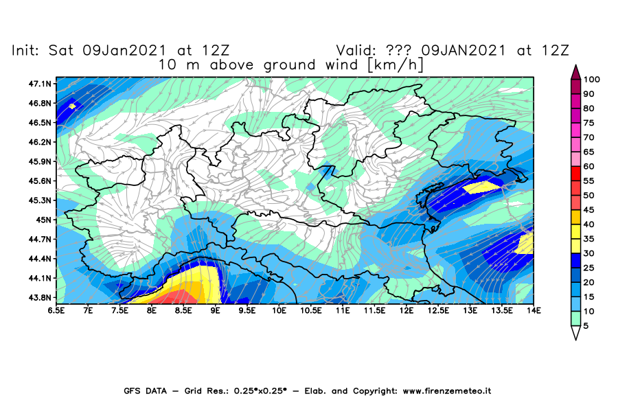 Mappa di analisi GFS - Velocità del vento a 10 metri dal suolo [km/h] in Nord-Italia
							del 09/01/2021 12 <!--googleoff: index-->UTC<!--googleon: index-->