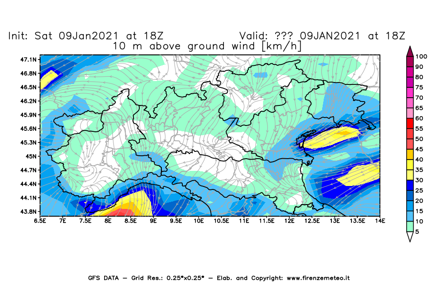 Mappa di analisi GFS - Velocità del vento a 10 metri dal suolo [km/h] in Nord-Italia
							del 09/01/2021 18 <!--googleoff: index-->UTC<!--googleon: index-->